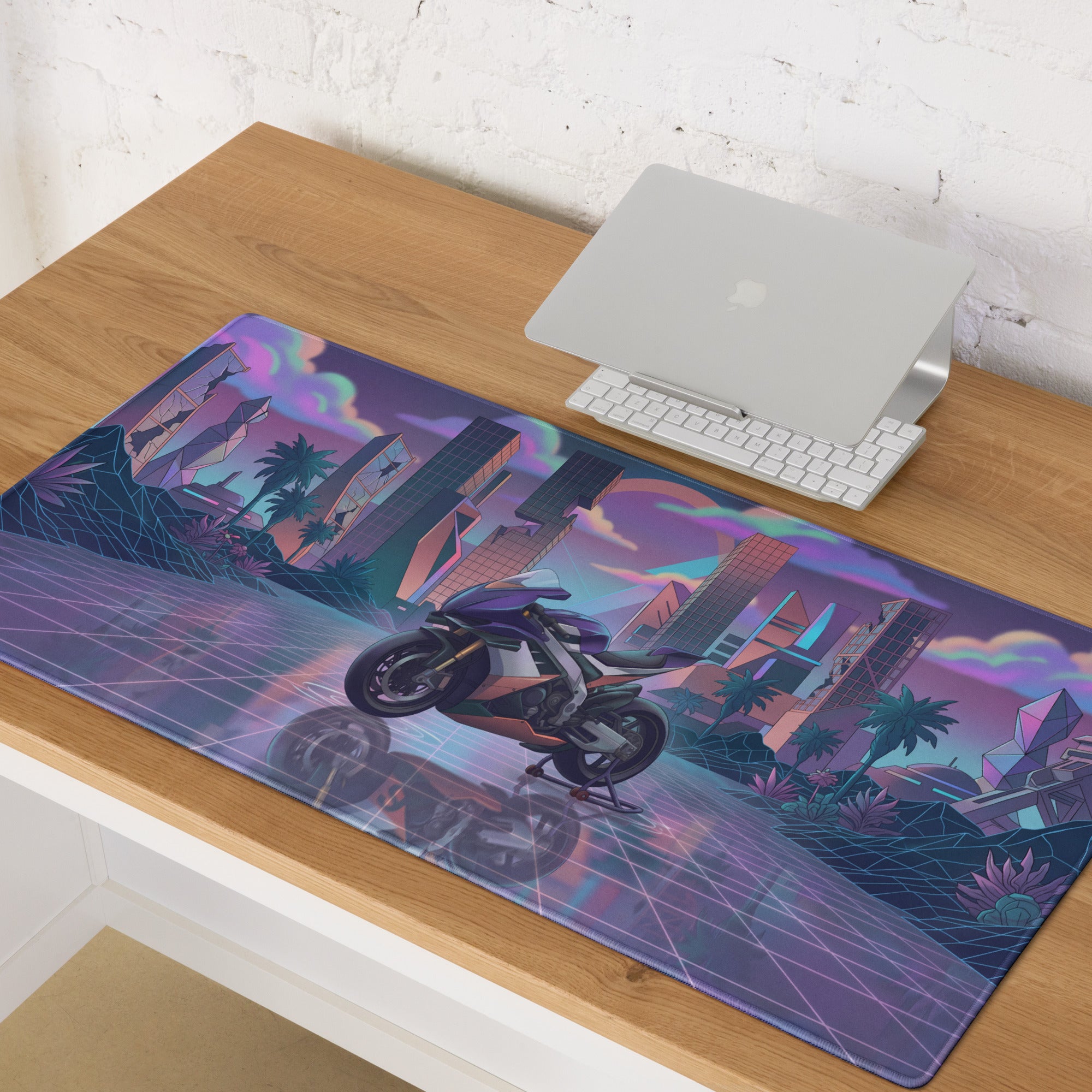 Aprilia RSV4 Xtrenta Inspired Purple Silver Vaporwave Gaming Mouse Pad – Neon Futuristic City Desk Mat, Retro Cyber Superbike Digital Artwork