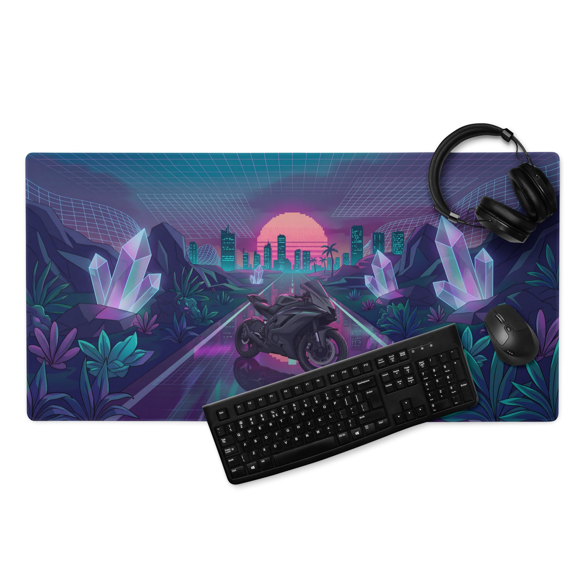 Yamaha R6 Inspired Black Teal Vaporwave Gaming Mouse Pad – Neon Crystal City Desk Mat, Retro Futuristic Synthwave Motorcycle Digital Art