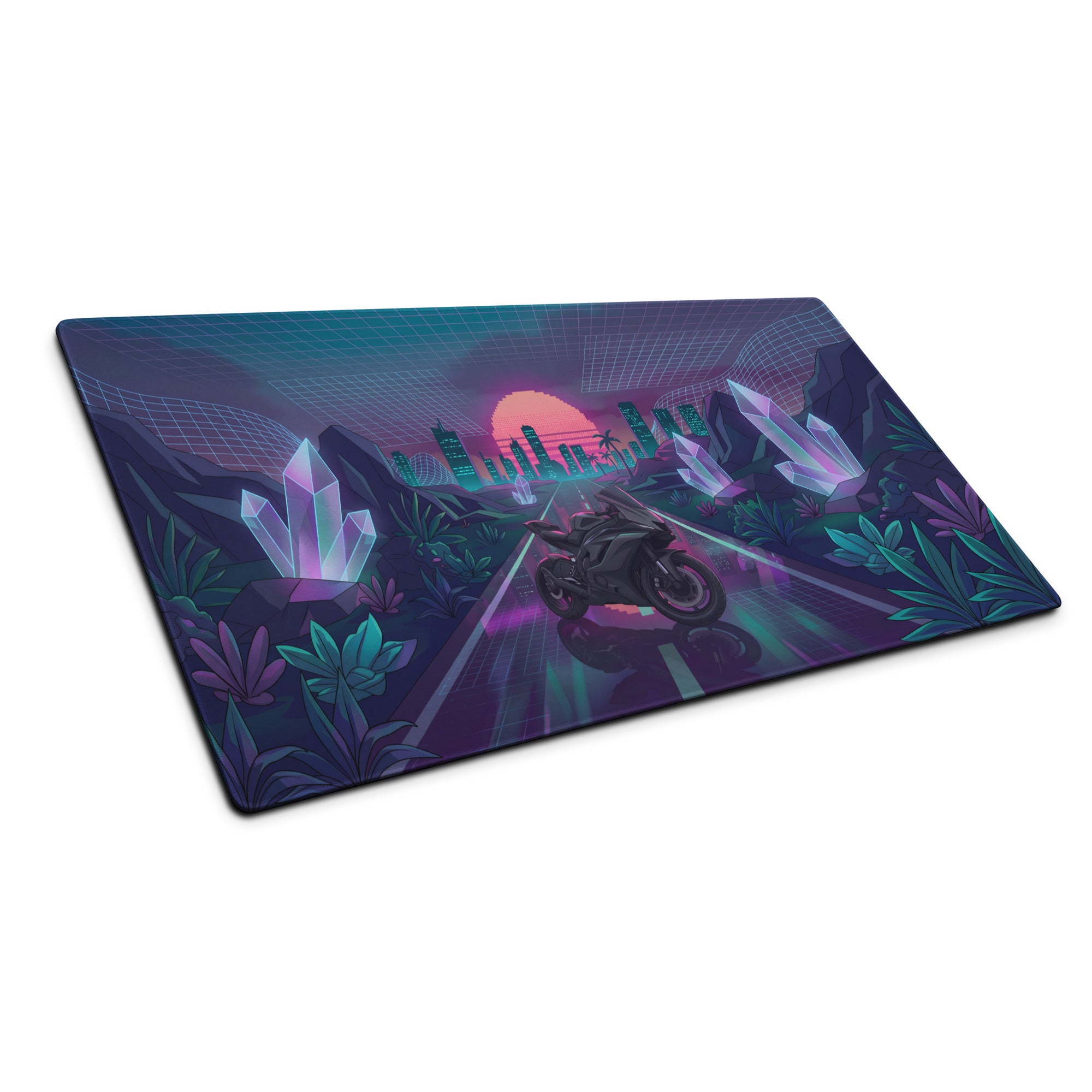 Yamaha R6 Inspired Black Teal Vaporwave Gaming Mouse Pad – Neon Crystal City Desk Mat, Retro Futuristic Synthwave Motorcycle Digital Art