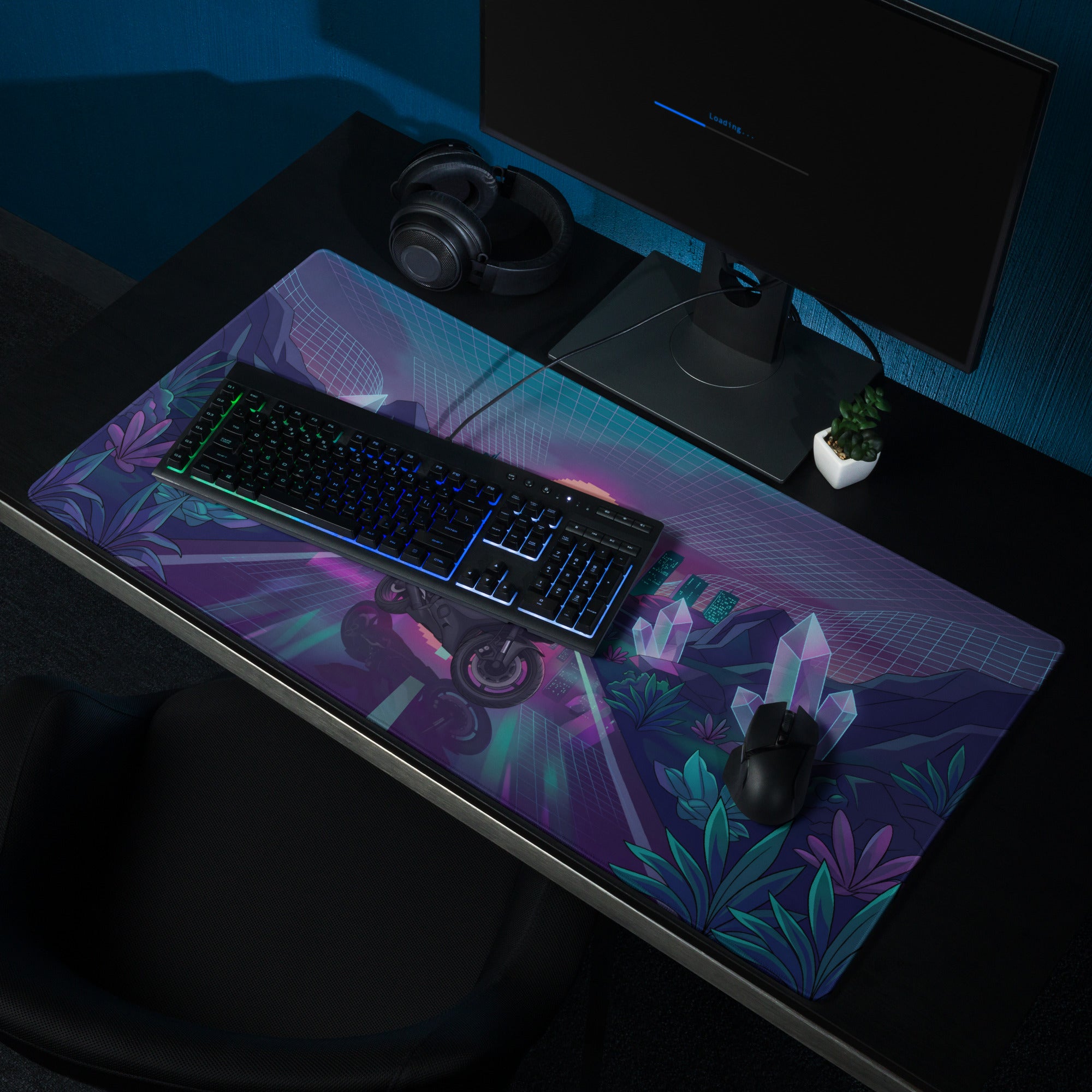 Yamaha R6 Inspired Black Teal Vaporwave Gaming Mouse Pad – Neon Crystal City Desk Mat, Retro Futuristic Synthwave Motorcycle Digital Art