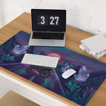 Yamaha R6 Inspired Black Teal Vaporwave Gaming Mouse Pad – Neon Crystal City Desk Mat, Retro Futuristic Synthwave Motorcycle Digital Art