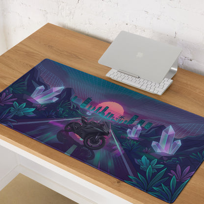 Yamaha R6 Inspired Black Teal Vaporwave Gaming Mouse Pad – Neon Crystal City Desk Mat, Retro Futuristic Synthwave Motorcycle Digital Art