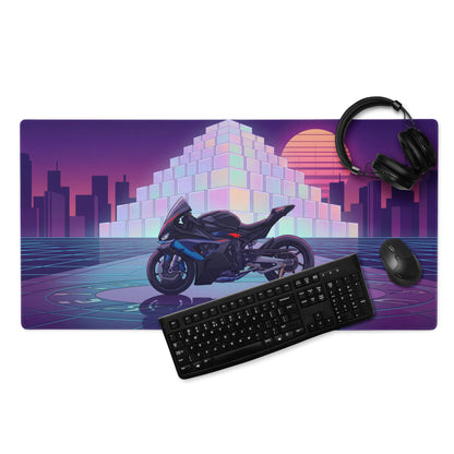 BMW M1000RR Inspired Black Red Vaporwave Gaming Mouse Pad – Neon Purple City Grid Desk Mat, Retro Futuristic Synthwave Sportbike Digital Art