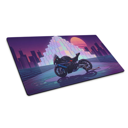 BMW M1000RR Inspired Black Red Vaporwave Gaming Mouse Pad – Neon Purple City Grid Desk Mat, Retro Futuristic Synthwave Sportbike Digital Art