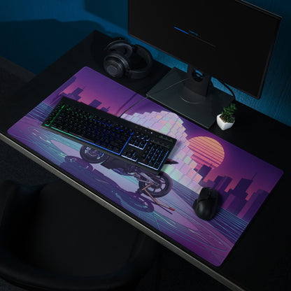 BMW M1000RR Inspired Black Red Vaporwave Gaming Mouse Pad – Neon Purple City Grid Desk Mat, Retro Futuristic Synthwave Sportbike Digital Art