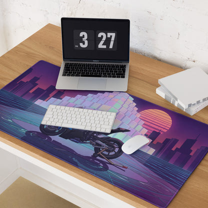 BMW M1000RR Inspired Black Red Vaporwave Gaming Mouse Pad – Neon Purple City Grid Desk Mat, Retro Futuristic Synthwave Sportbike Digital Art