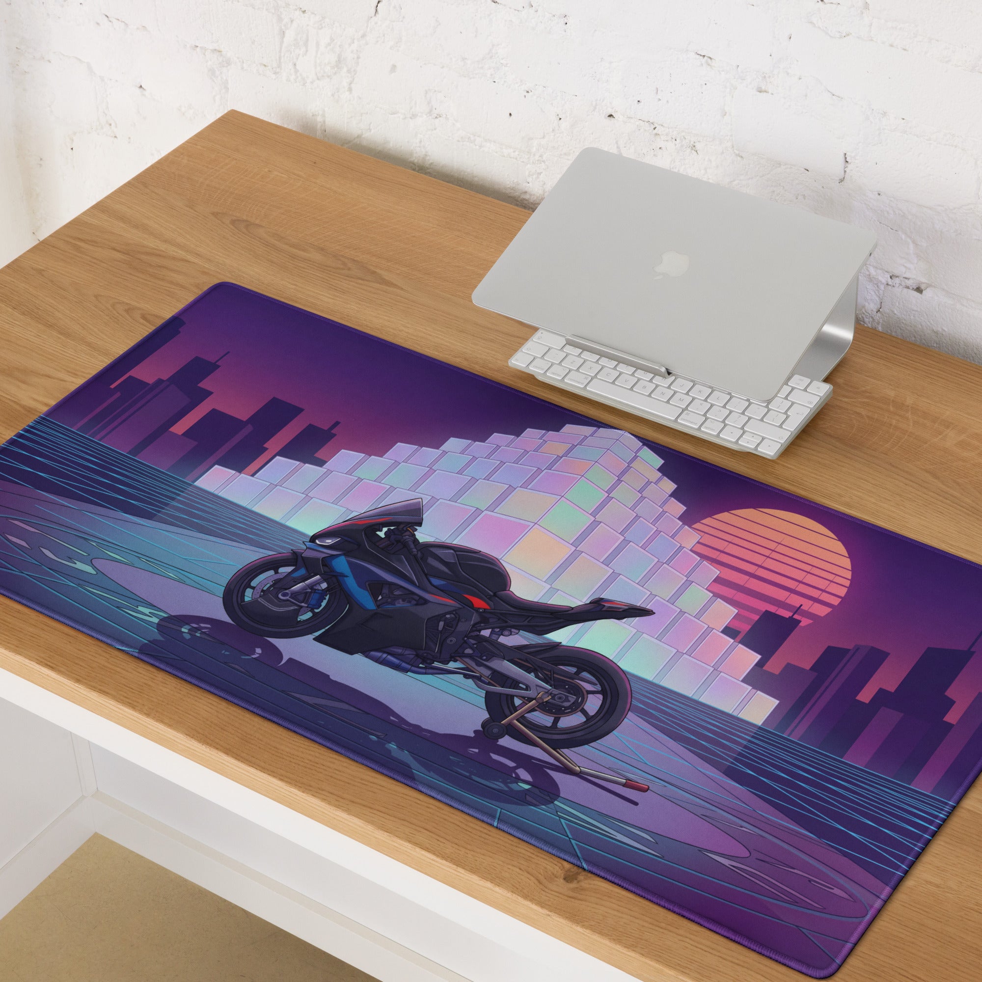 BMW M1000RR Inspired Black Red Vaporwave Gaming Mouse Pad – Neon Purple City Grid Desk Mat, Retro Futuristic Synthwave Sportbike Digital Art