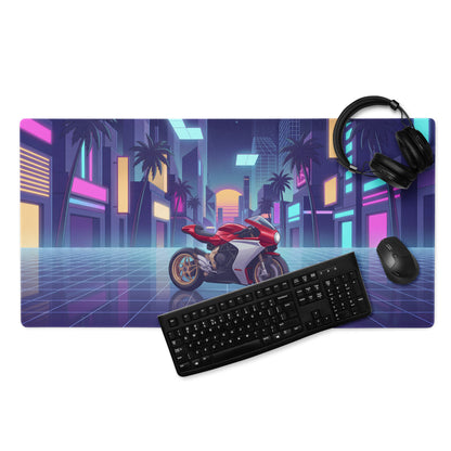 MV Agusta Superveloce 800 Inspired Red Silver Vaporwave Gaming Mouse Pad – Neon Palm City Desk Mat, Retro Futuristic Synthwave Motorcycle Art