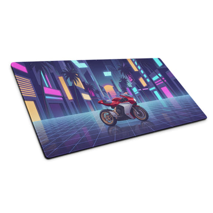 MV Agusta Superveloce 800 Inspired Red Silver Vaporwave Gaming Mouse Pad – Neon Palm City Desk Mat, Retro Futuristic Synthwave Motorcycle Art