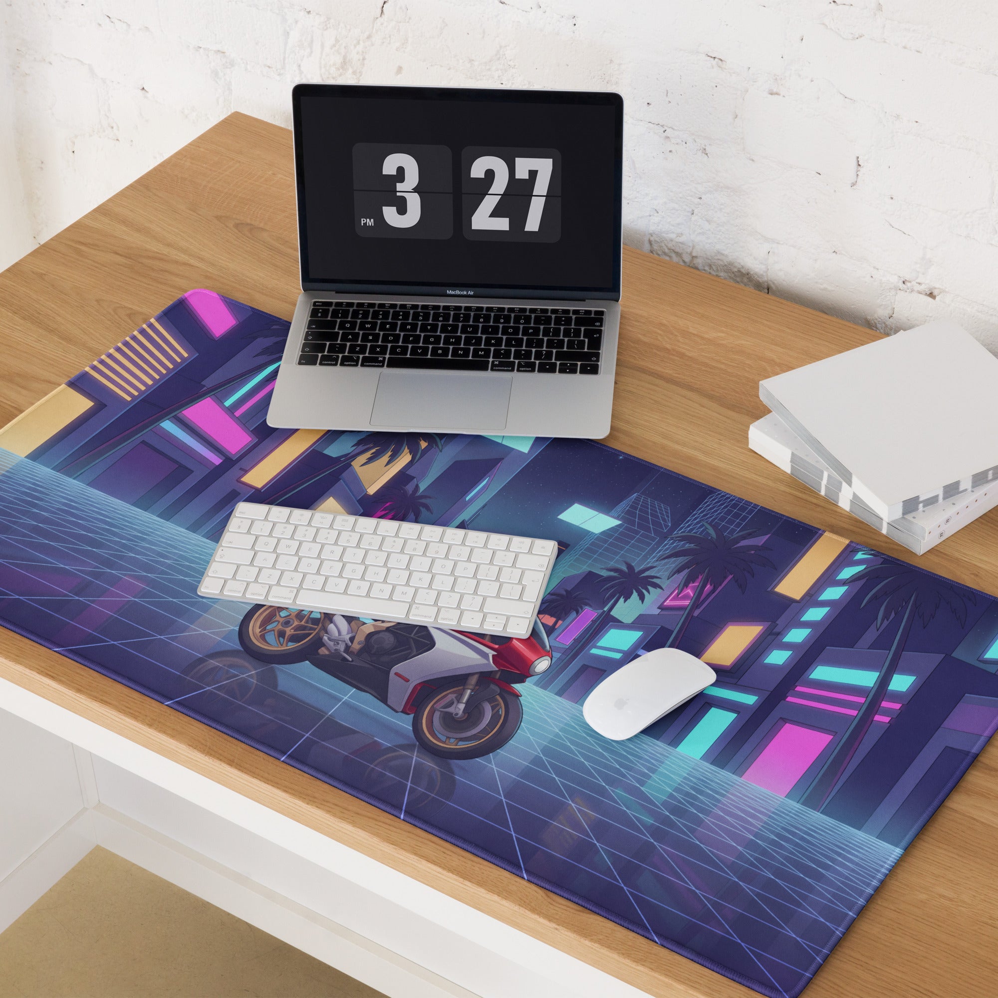 MV Agusta Superveloce 800 Inspired Red Silver Vaporwave Gaming Mouse Pad – Neon Palm City Desk Mat, Retro Futuristic Synthwave Motorcycle Art