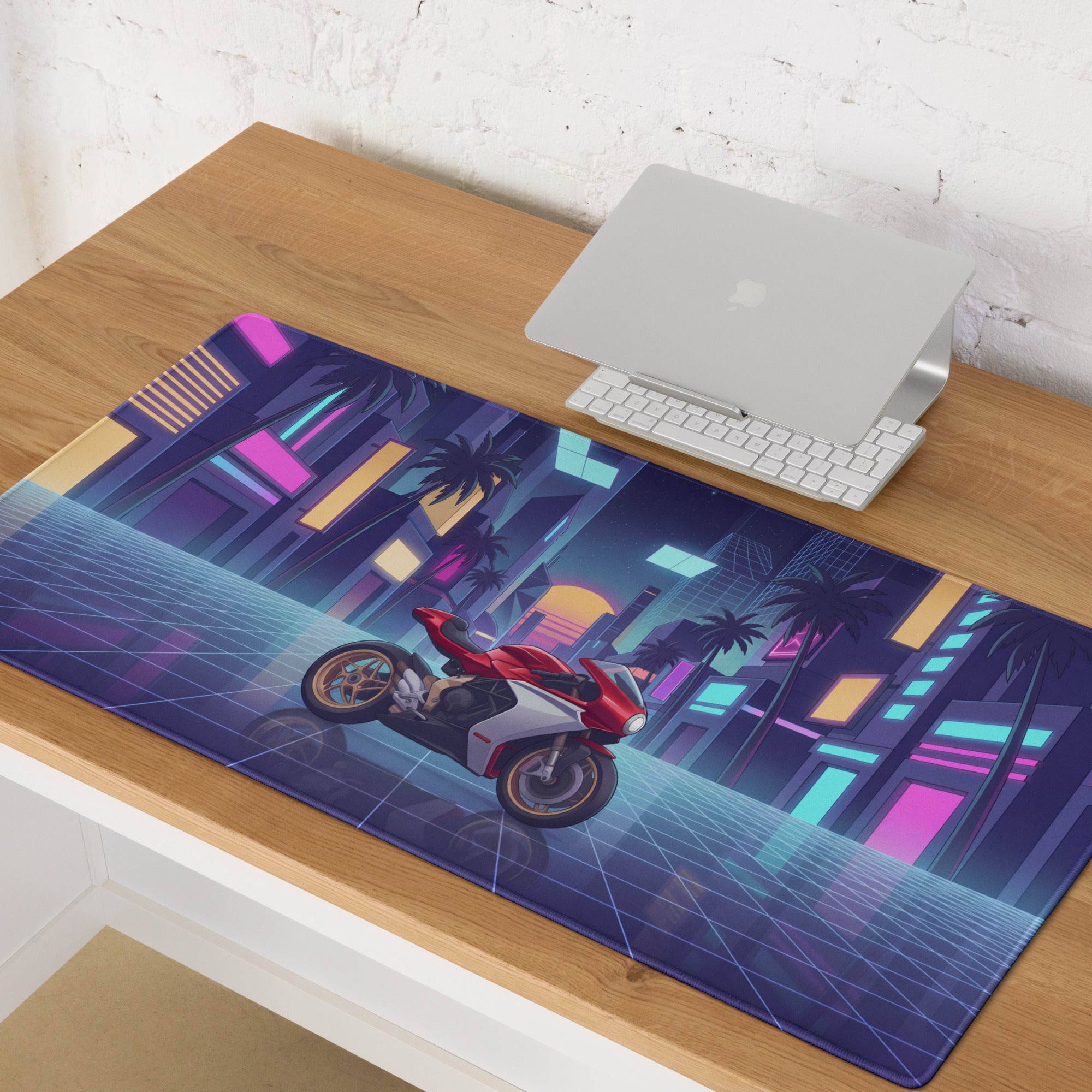 MV Agusta Superveloce 800 Inspired Red Silver Vaporwave Gaming Mouse Pad – Neon Palm City Desk Mat, Retro Futuristic Synthwave Motorcycle Art