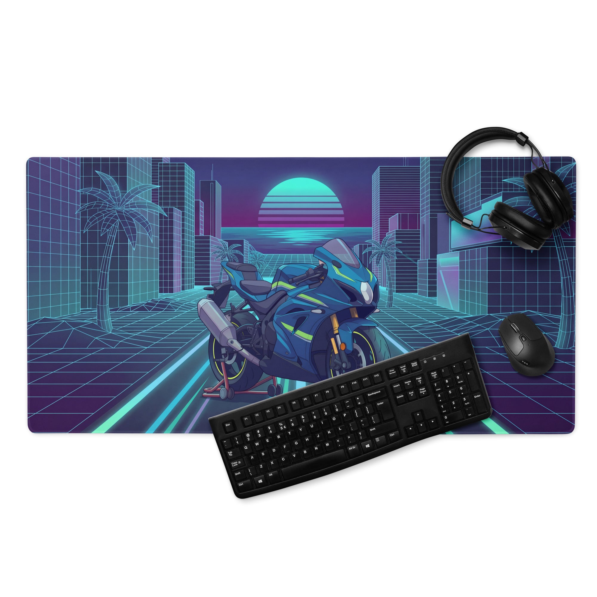 Suzuki GSX-R1000R Inspired Blue Lime Vaporwave Gaming Mouse Pad – Neon Cyber City Grid Desk Mat, Retro Futuristic Synthwave Sportbike Art