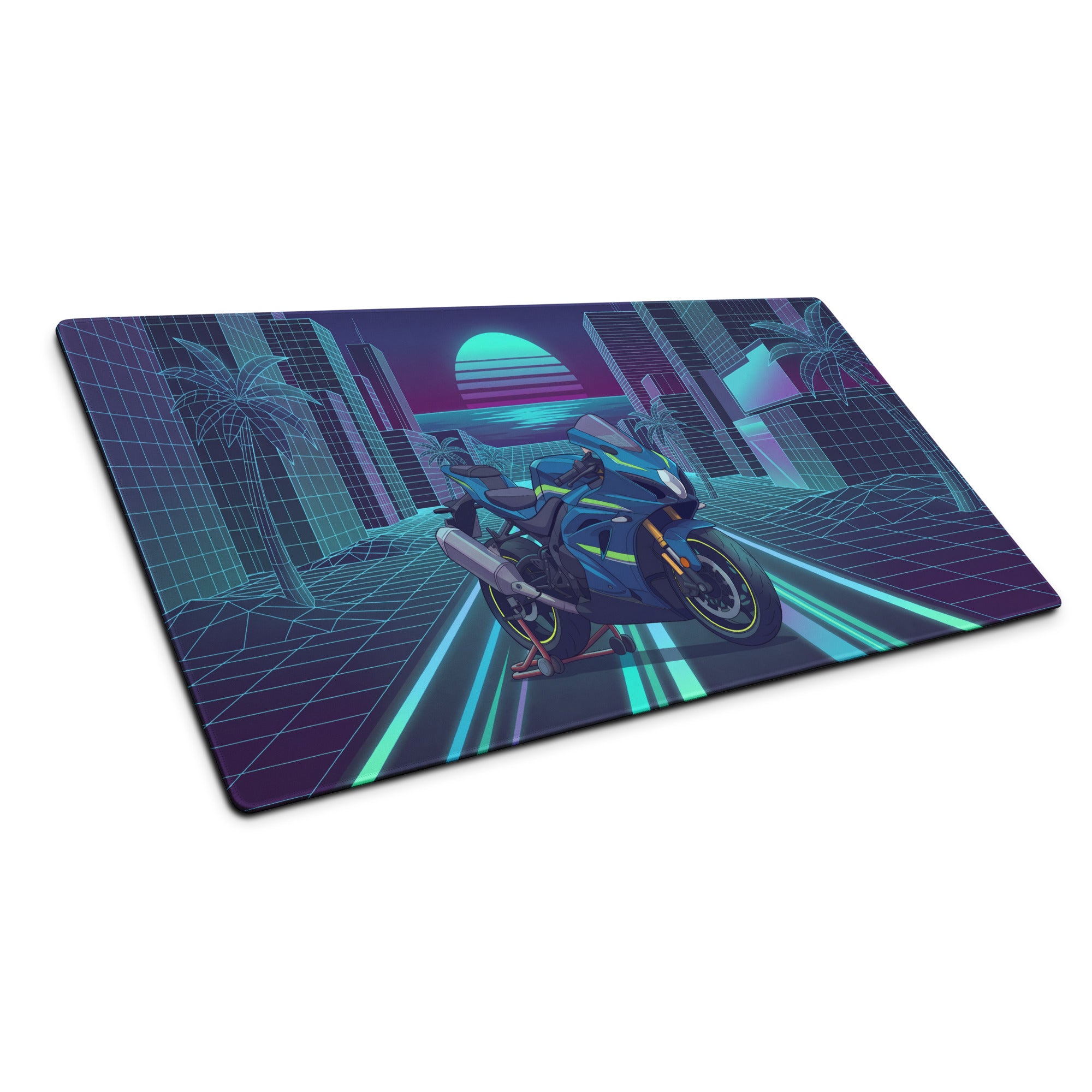 Suzuki GSX-R1000R Inspired Blue Lime Vaporwave Gaming Mouse Pad – Neon Cyber City Grid Desk Mat, Retro Futuristic Synthwave Sportbike Art