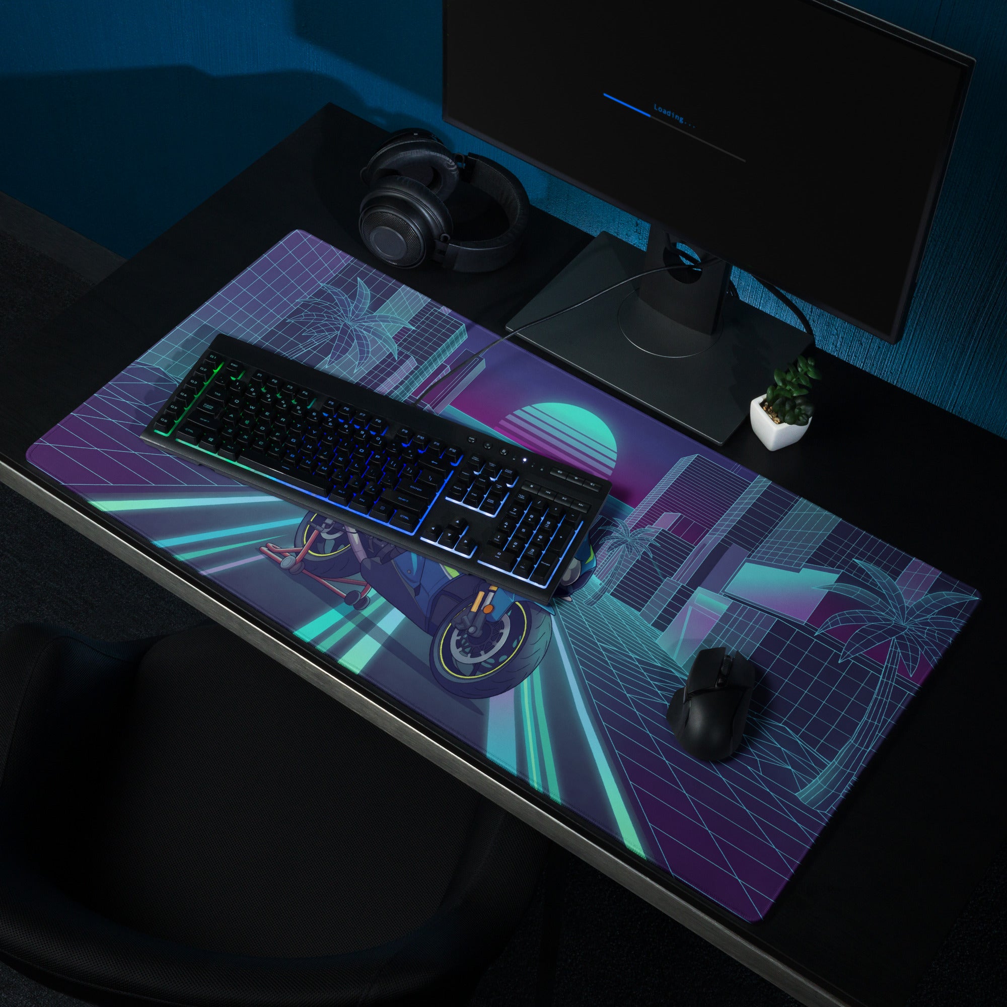 Suzuki GSX-R1000R Inspired Blue Lime Vaporwave Gaming Mouse Pad – Neon Cyber City Grid Desk Mat, Retro Futuristic Synthwave Sportbike Art