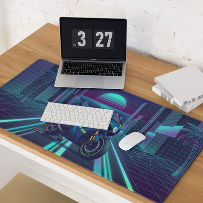 Suzuki GSX-R1000R Inspired Blue Lime Vaporwave Gaming Mouse Pad – Neon Cyber City Grid Desk Mat, Retro Futuristic Synthwave Sportbike Art