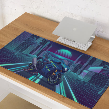 Suzuki GSX-R1000R Inspired Blue Lime Vaporwave Gaming Mouse Pad – Neon Cyber City Grid Desk Mat, Retro Futuristic Synthwave Sportbike Art
