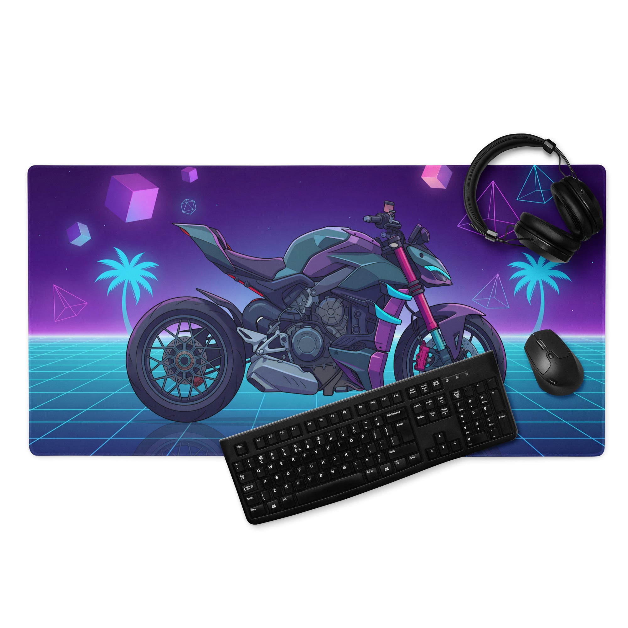 Ducati Streetfighter V4 Inspired Teal Purple Vaporwave Gaming Mouse Pad – Neon Palm Grid Desk Mat, Retro Futuristic Synthwave Naked Bike Art