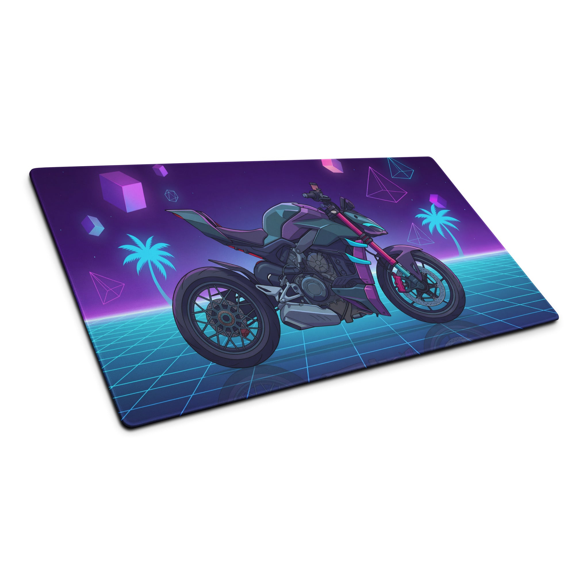Ducati Streetfighter V4 Inspired Teal Purple Vaporwave Gaming Mouse Pad – Neon Palm Grid Desk Mat, Retro Futuristic Synthwave Naked Bike Art