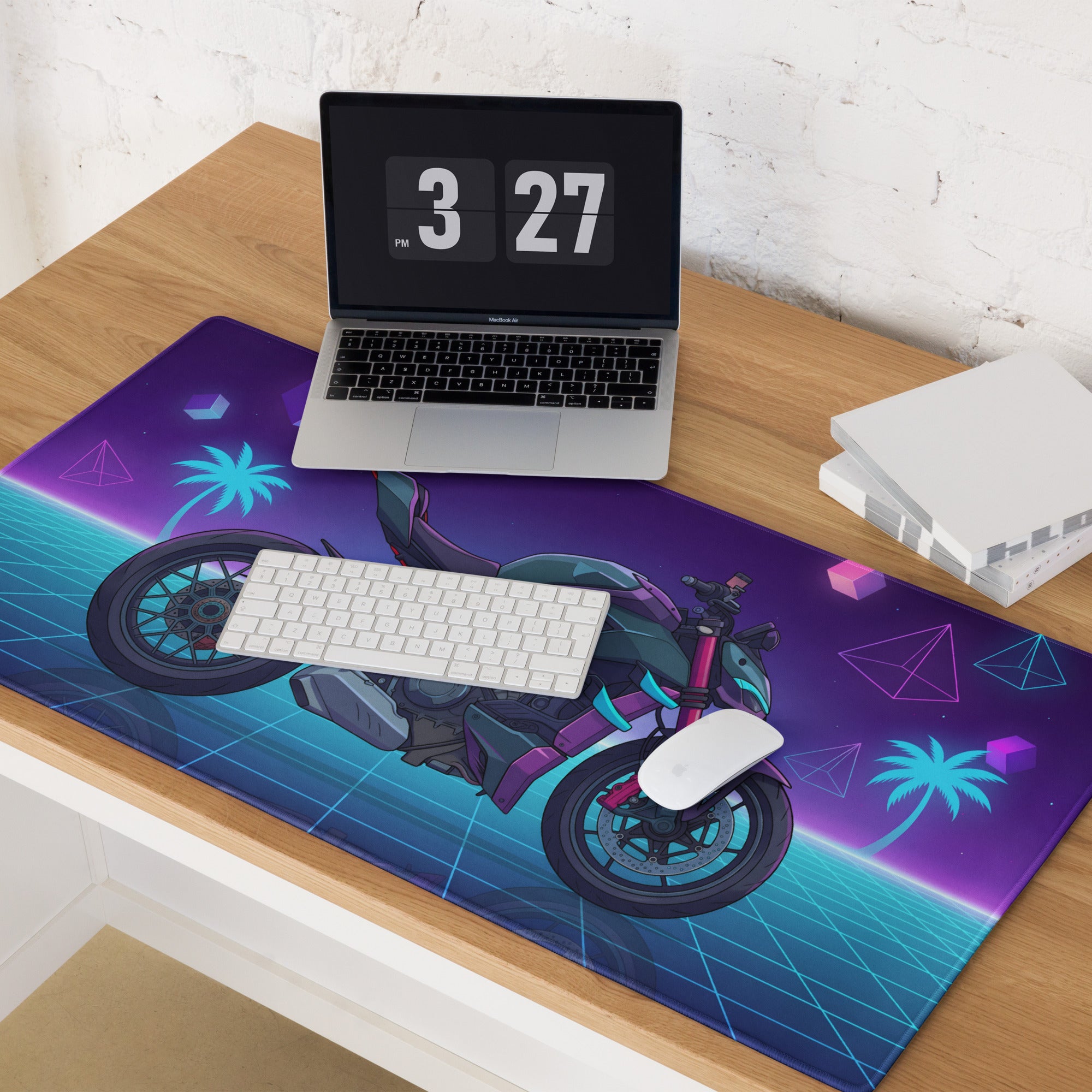 Ducati Streetfighter V4 Inspired Teal Purple Vaporwave Gaming Mouse Pad – Neon Palm Grid Desk Mat, Retro Futuristic Synthwave Naked Bike Art