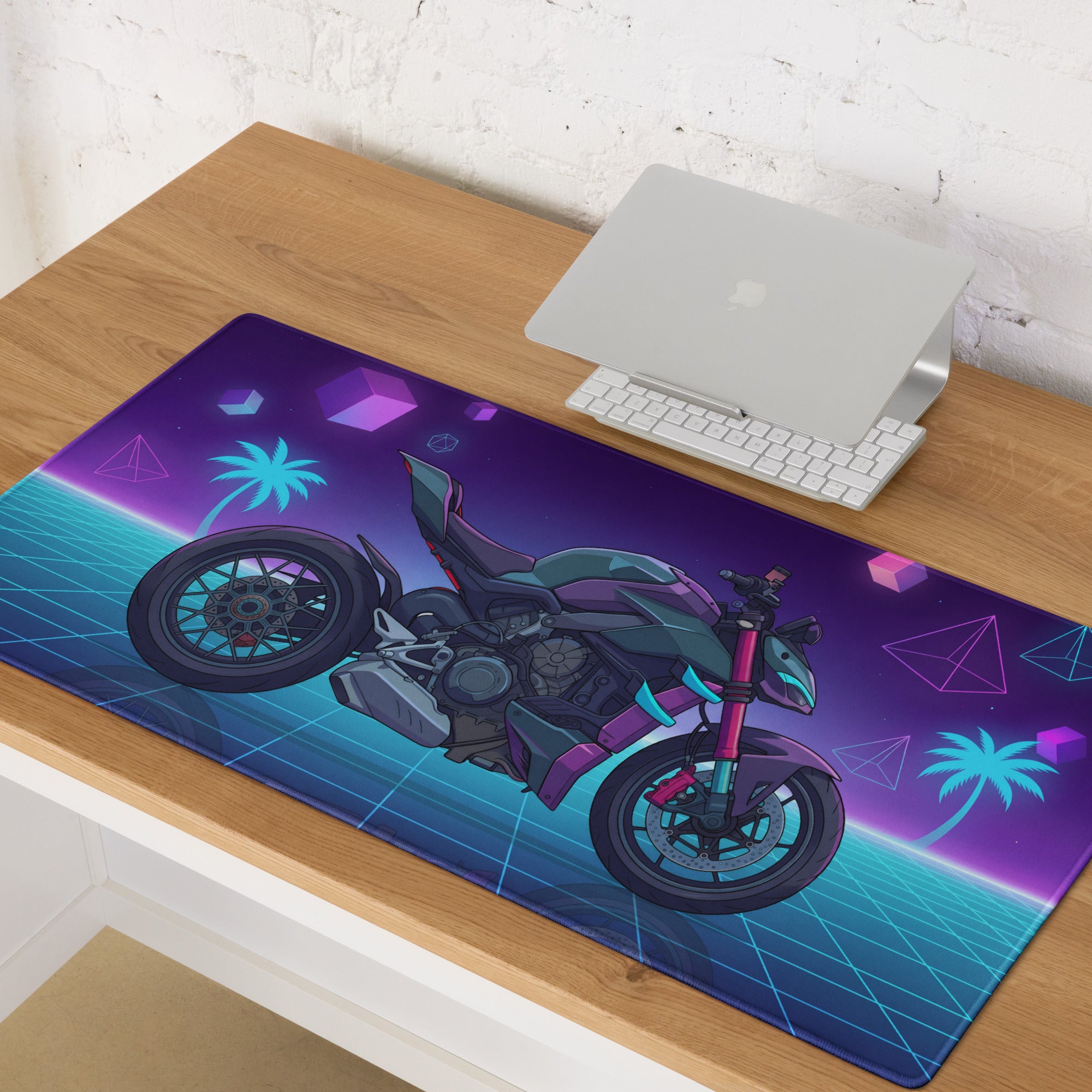 Ducati Streetfighter V4 Inspired Teal Purple Vaporwave Gaming Mouse Pad – Neon Palm Grid Desk Mat, Retro Futuristic Synthwave Naked Bike Art