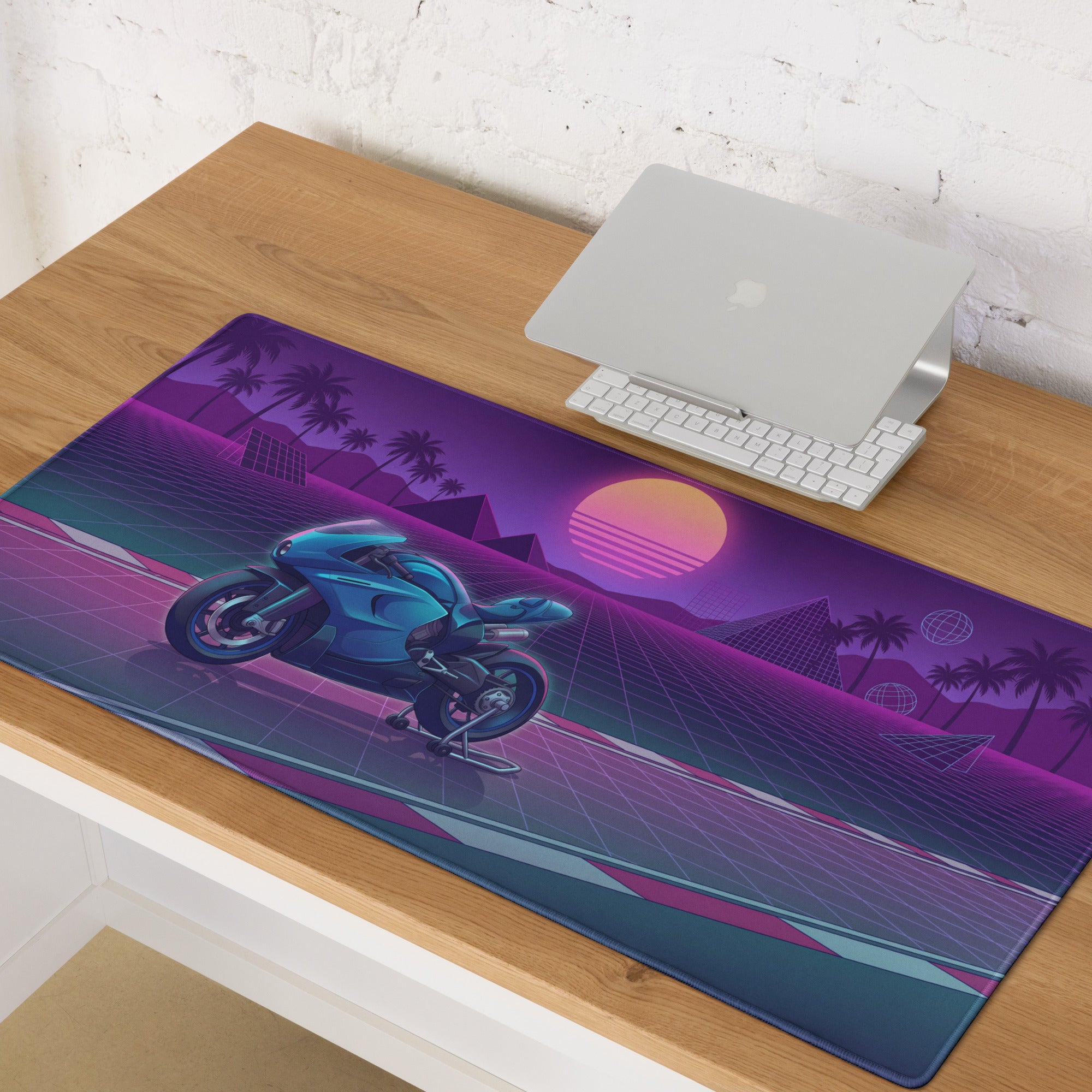 MV Agusta Superveloce 800 Inspired Teal Purple Vaporwave Gaming Mouse Pad – Neon Sunset Grid Desk Mat, Retro Futuristic Synthwave Sportbike Art