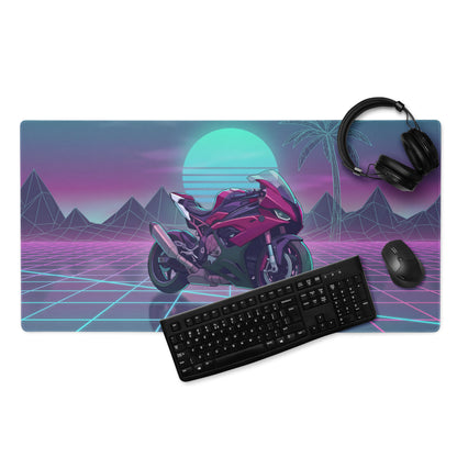 BMW S1000RR Inspired Magenta Black Vaporwave Gaming Mouse Pad – Neon Sunset Grid Desk Mat, Retro Futuristic Synthwave Sportbike Digital Art