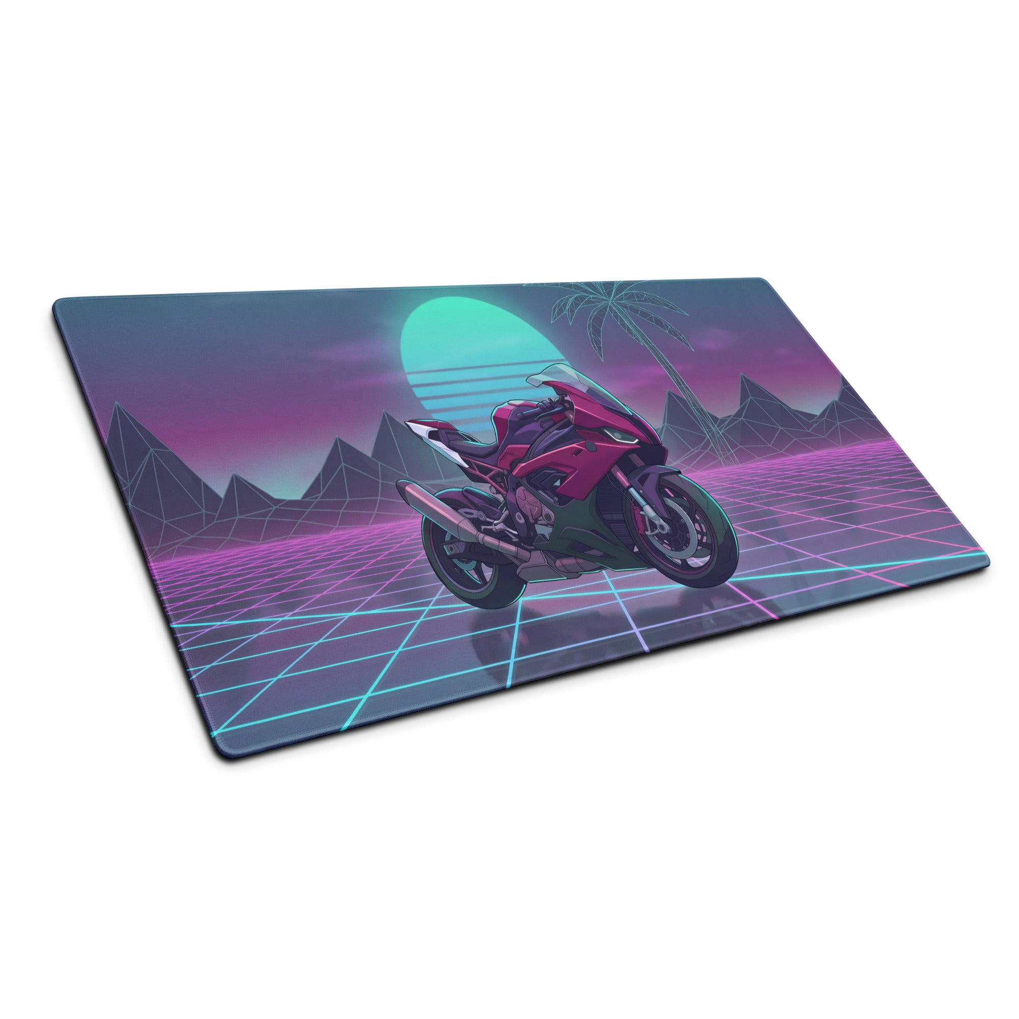 BMW S1000RR Inspired Magenta Black Vaporwave Gaming Mouse Pad – Neon Sunset Grid Desk Mat, Retro Futuristic Synthwave Sportbike Digital Art