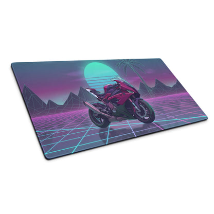 BMW S1000RR Inspired Magenta Black Vaporwave Gaming Mouse Pad – Neon Sunset Grid Desk Mat, Retro Futuristic Synthwave Sportbike Digital Art