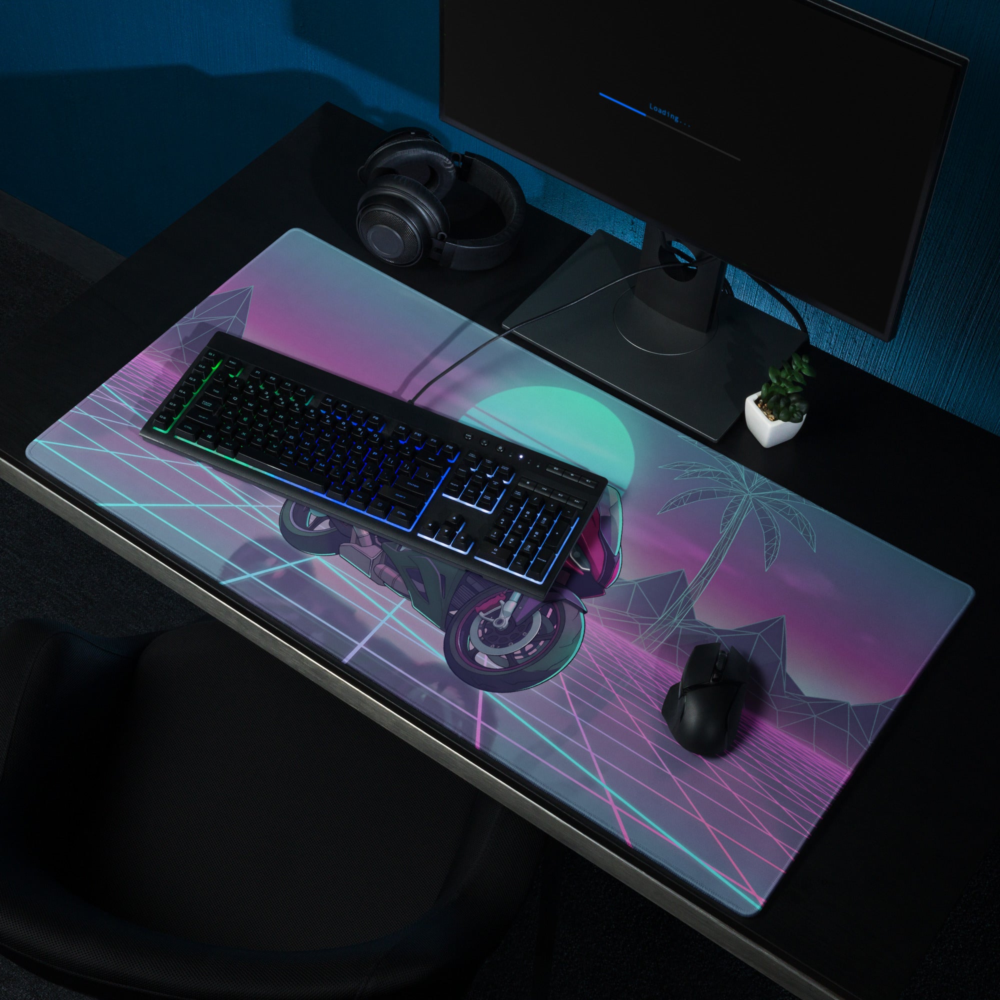 BMW S1000RR Inspired Magenta Black Vaporwave Gaming Mouse Pad – Neon Sunset Grid Desk Mat, Retro Futuristic Synthwave Sportbike Digital Art