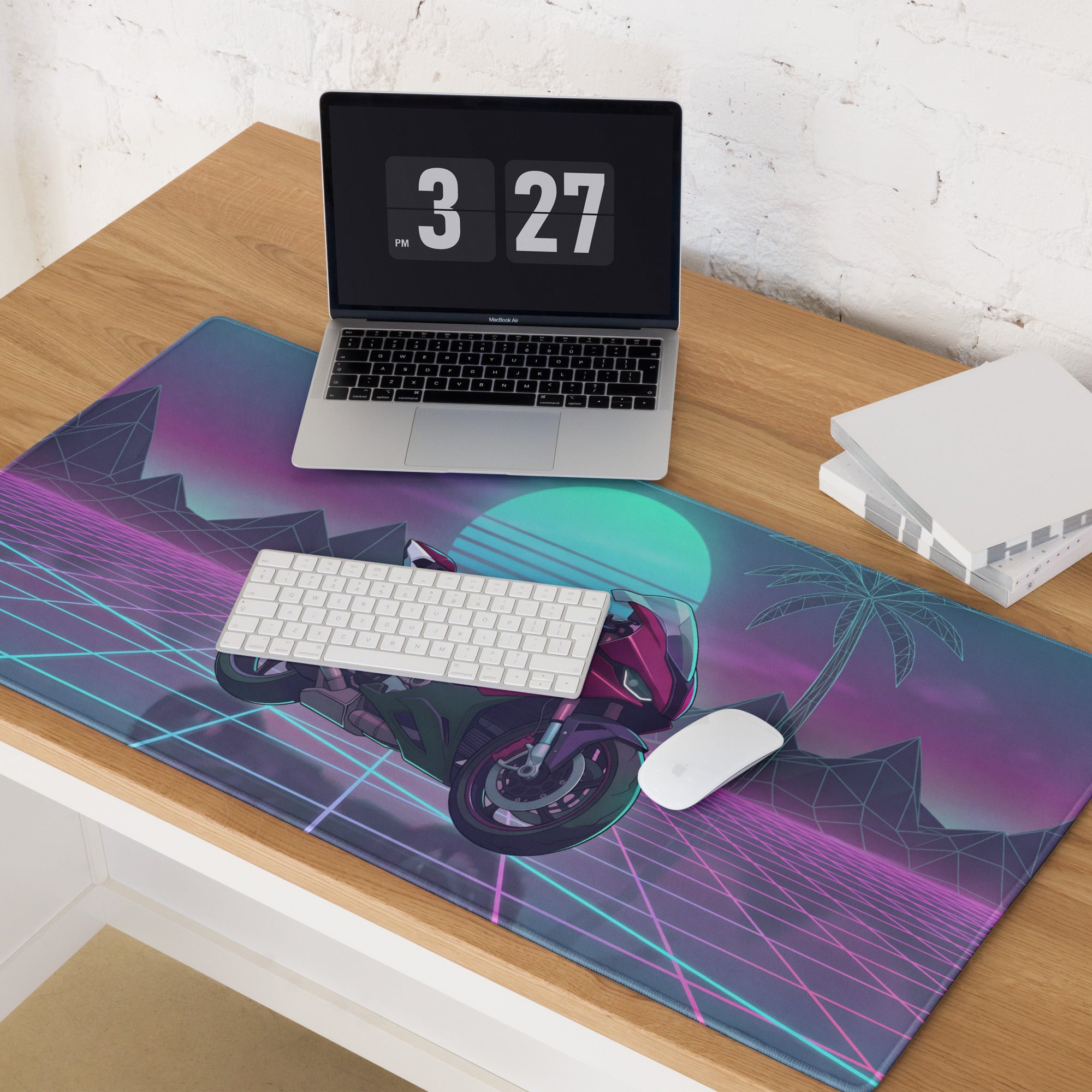 BMW S1000RR Inspired Magenta Black Vaporwave Gaming Mouse Pad – Neon Sunset Grid Desk Mat, Retro Futuristic Synthwave Sportbike Digital Art