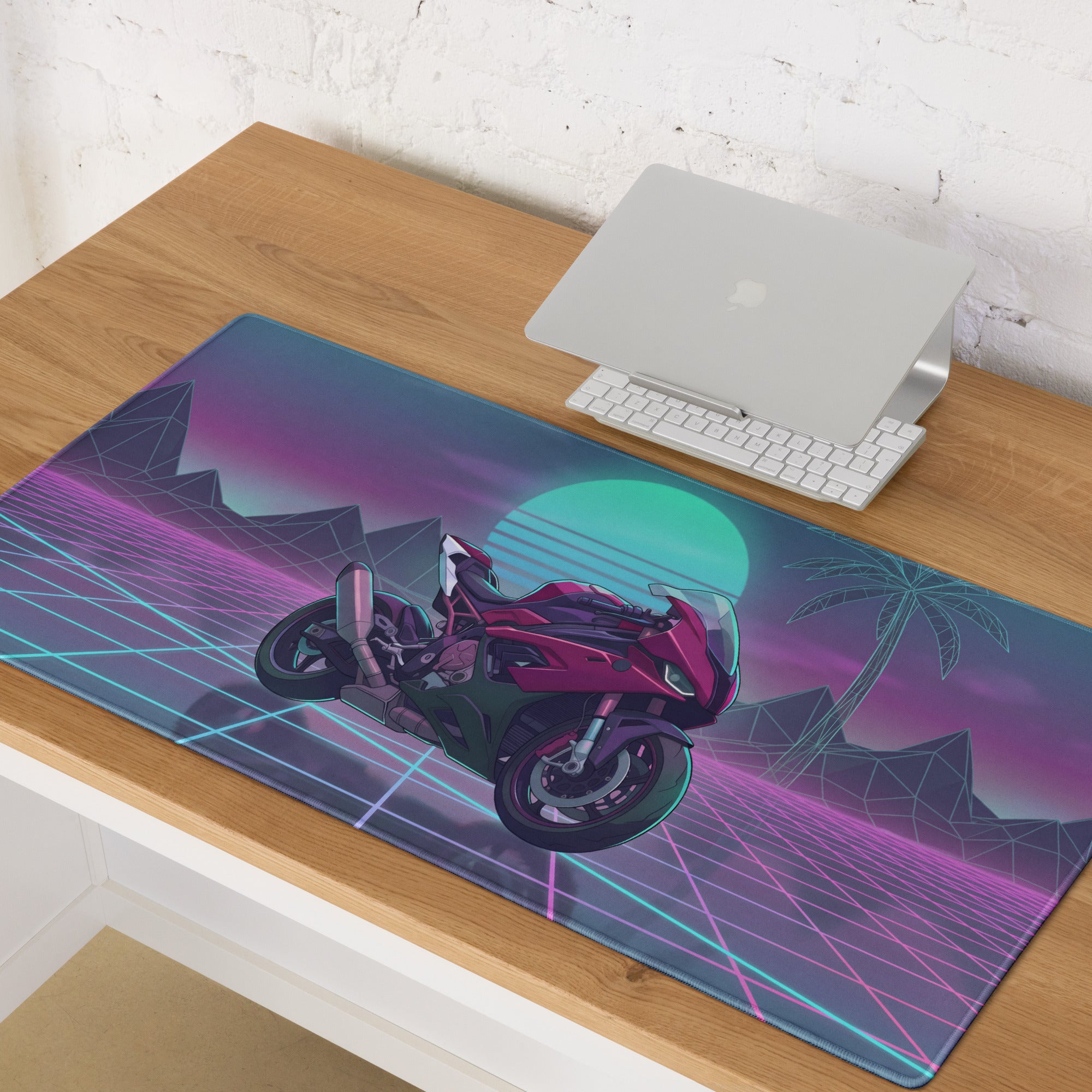 BMW S1000RR Inspired Magenta Black Vaporwave Gaming Mouse Pad – Neon Sunset Grid Desk Mat, Retro Futuristic Synthwave Sportbike Digital Art