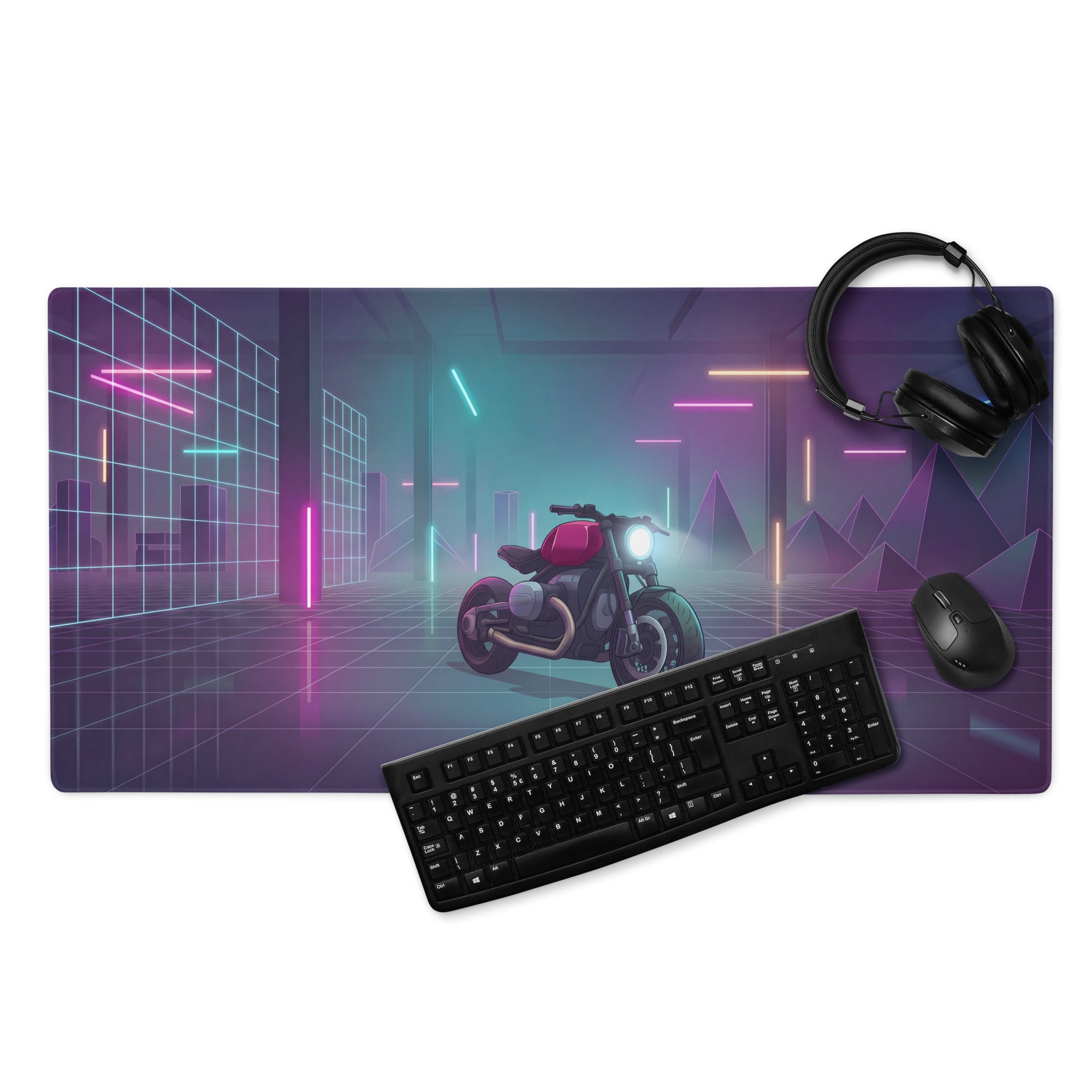 BMW R nineT Inspired Burgundy Black Vaporwave Gaming Mouse Pad – Neon Cyber Garage Desk Mat, Retro Futuristic Synthwave Café Racer Digital Art