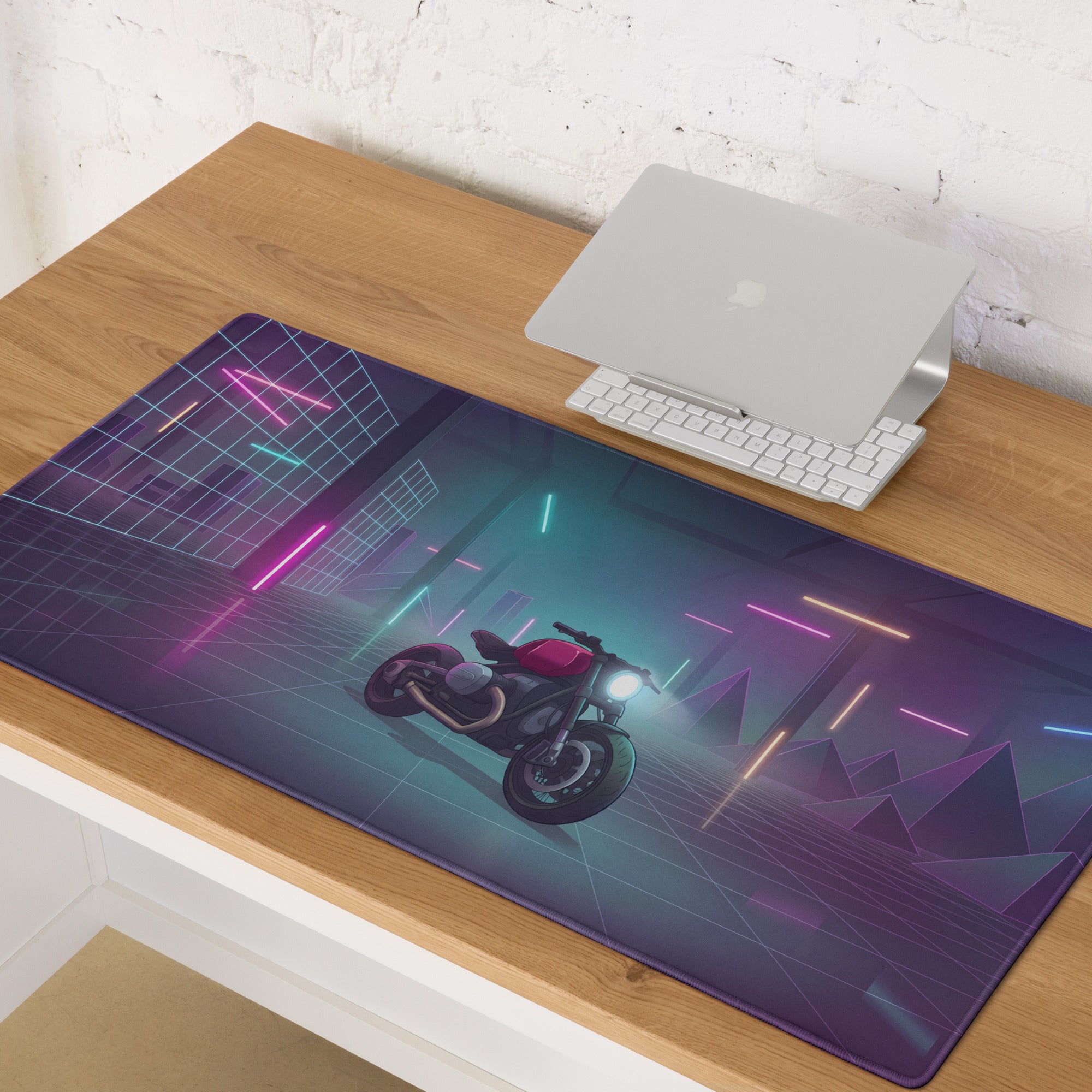 BMW R nineT Inspired Burgundy Black Vaporwave Gaming Mouse Pad – Neon Cyber Garage Desk Mat, Retro Futuristic Synthwave Café Racer Digital Art