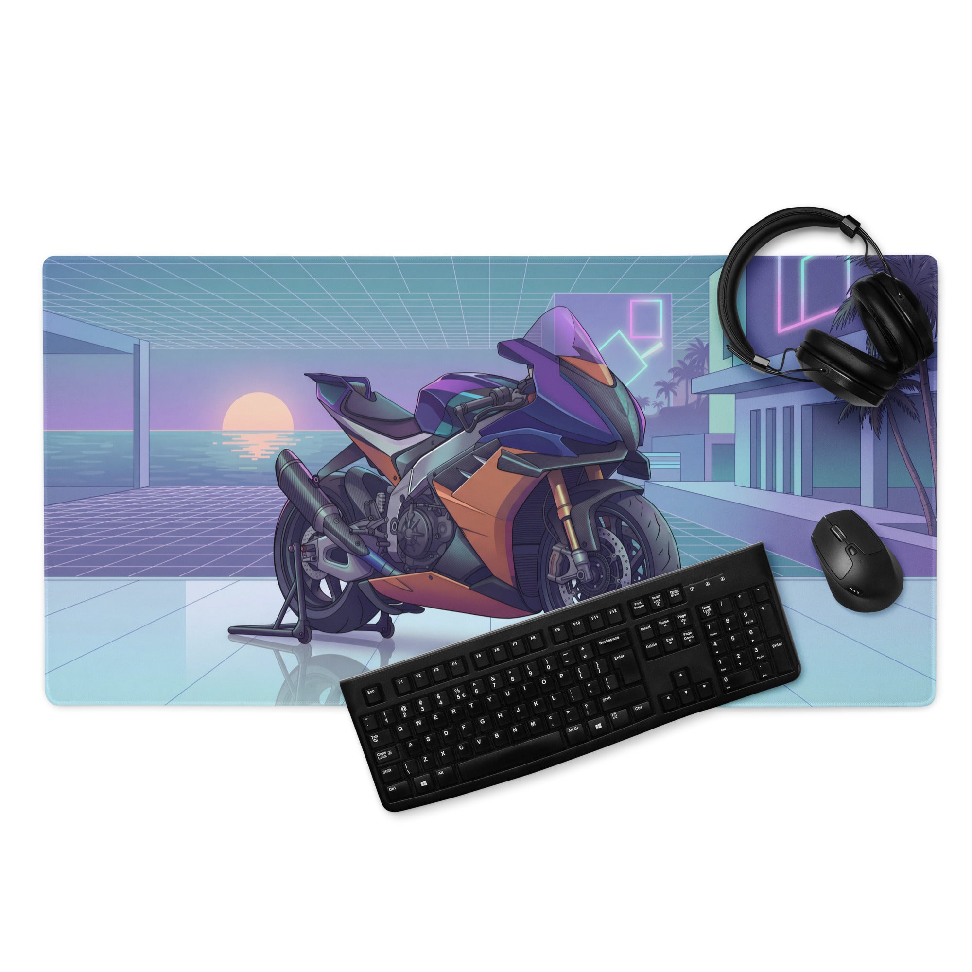 Aprilia RSV4 Xtrenta Inspired Purple Copper Vaporwave Gaming Mouse Pad – Neon Coastal Grid Desk Mat, Retro Futuristic Synthwave Superbike Art