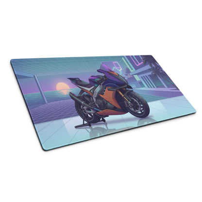 Aprilia RSV4 Xtrenta Inspired Purple Copper Vaporwave Gaming Mouse Pad – Neon Coastal Grid Desk Mat, Retro Futuristic Synthwave Superbike Art