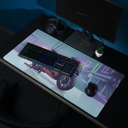 Aprilia RSV4 Xtrenta Inspired Purple Copper Vaporwave Gaming Mouse Pad – Neon Coastal Grid Desk Mat, Retro Futuristic Synthwave Superbike Art
