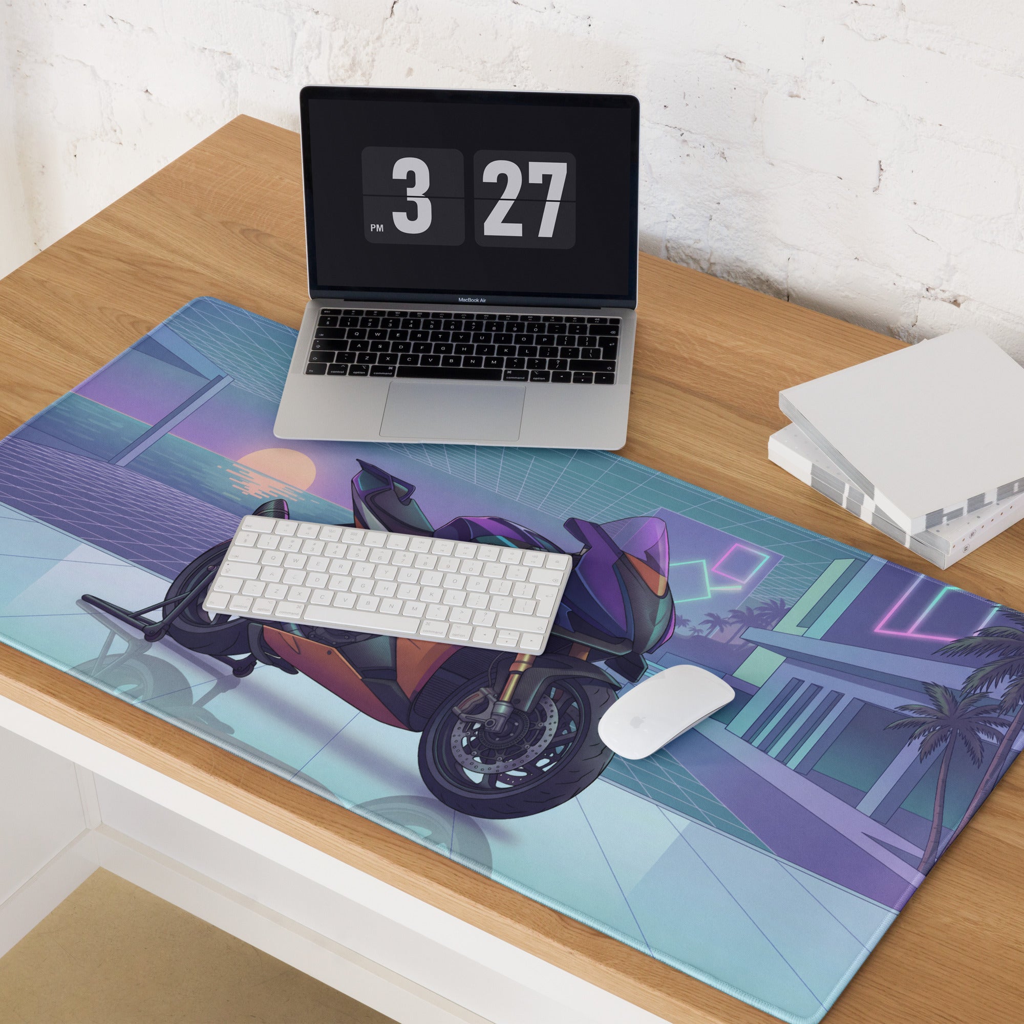 Aprilia RSV4 Xtrenta Inspired Purple Copper Vaporwave Gaming Mouse Pad – Neon Coastal Grid Desk Mat, Retro Futuristic Synthwave Superbike Art