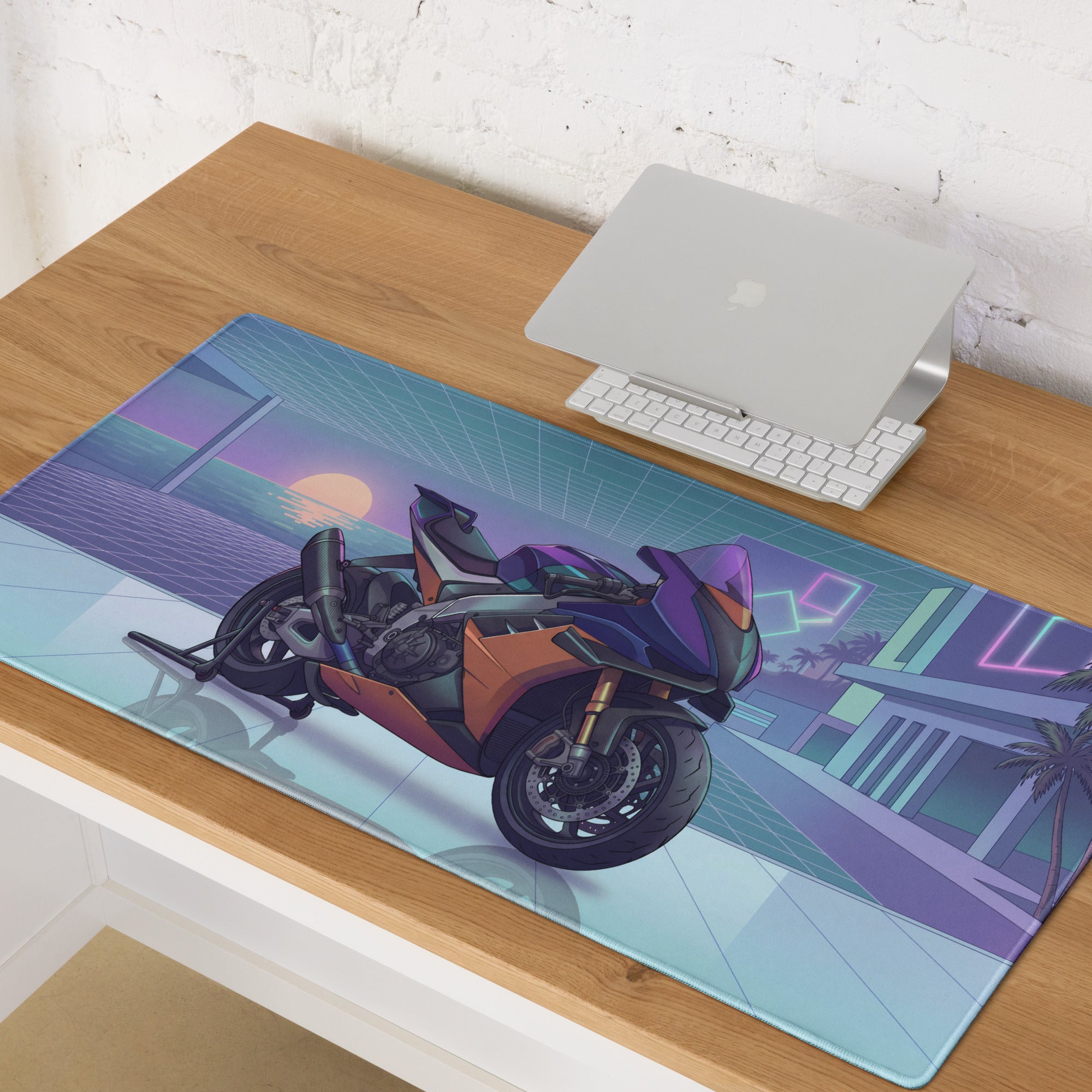 Aprilia RSV4 Xtrenta Inspired Purple Copper Vaporwave Gaming Mouse Pad – Neon Coastal Grid Desk Mat, Retro Futuristic Synthwave Superbike Art