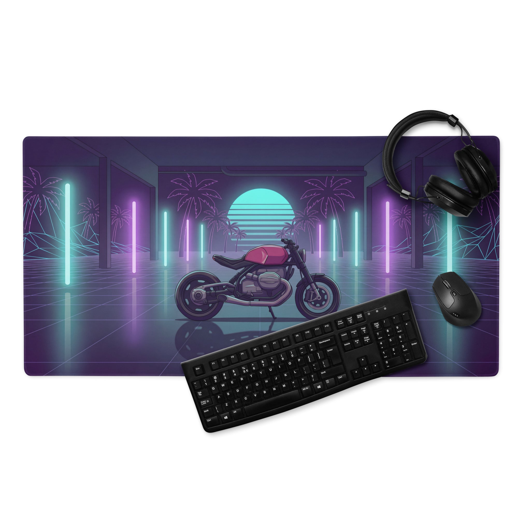 BMW R nineT Inspired Magenta Purple Vaporwave Gaming Mouse Pad – Neon Palm Garage Desk Mat, Retro Futuristic Synthwave Café Racer Digital Art