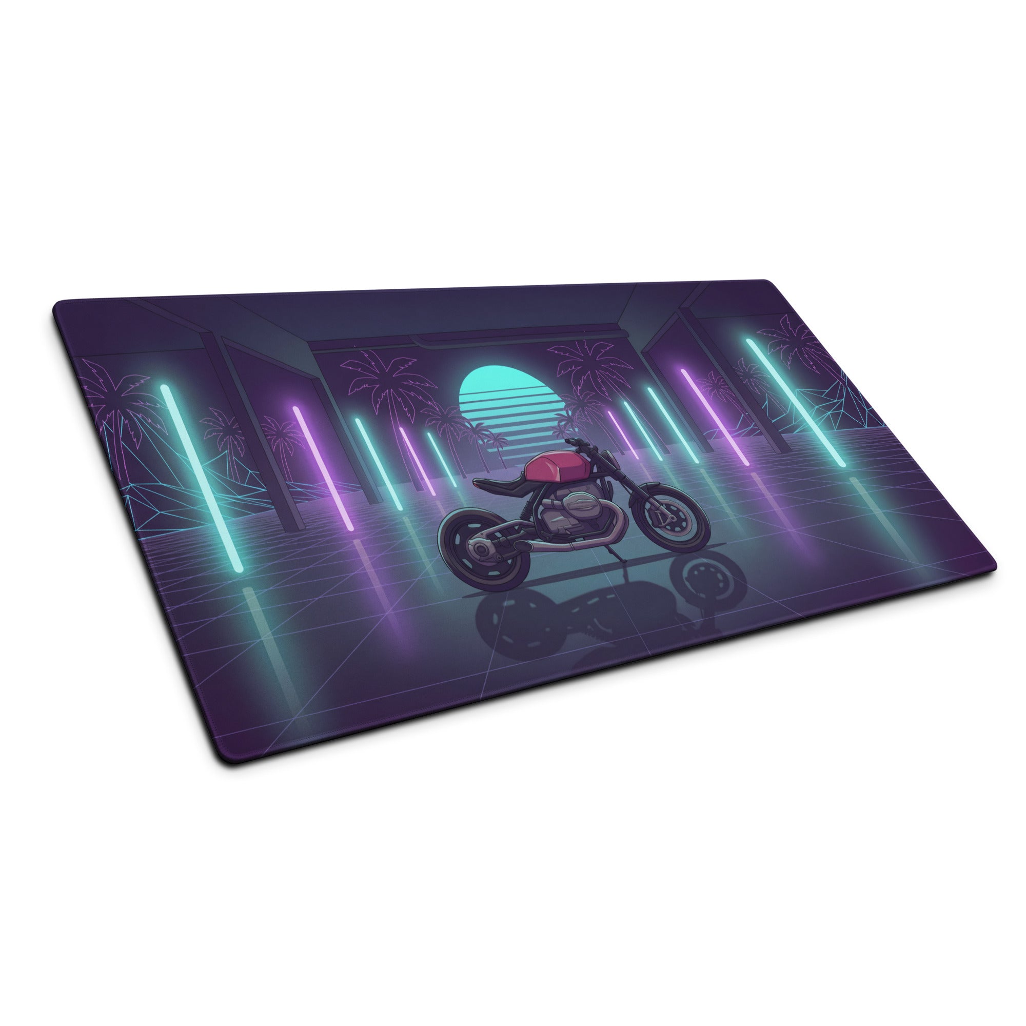BMW R nineT Inspired Magenta Purple Vaporwave Gaming Mouse Pad – Neon Palm Garage Desk Mat, Retro Futuristic Synthwave Café Racer Digital Art