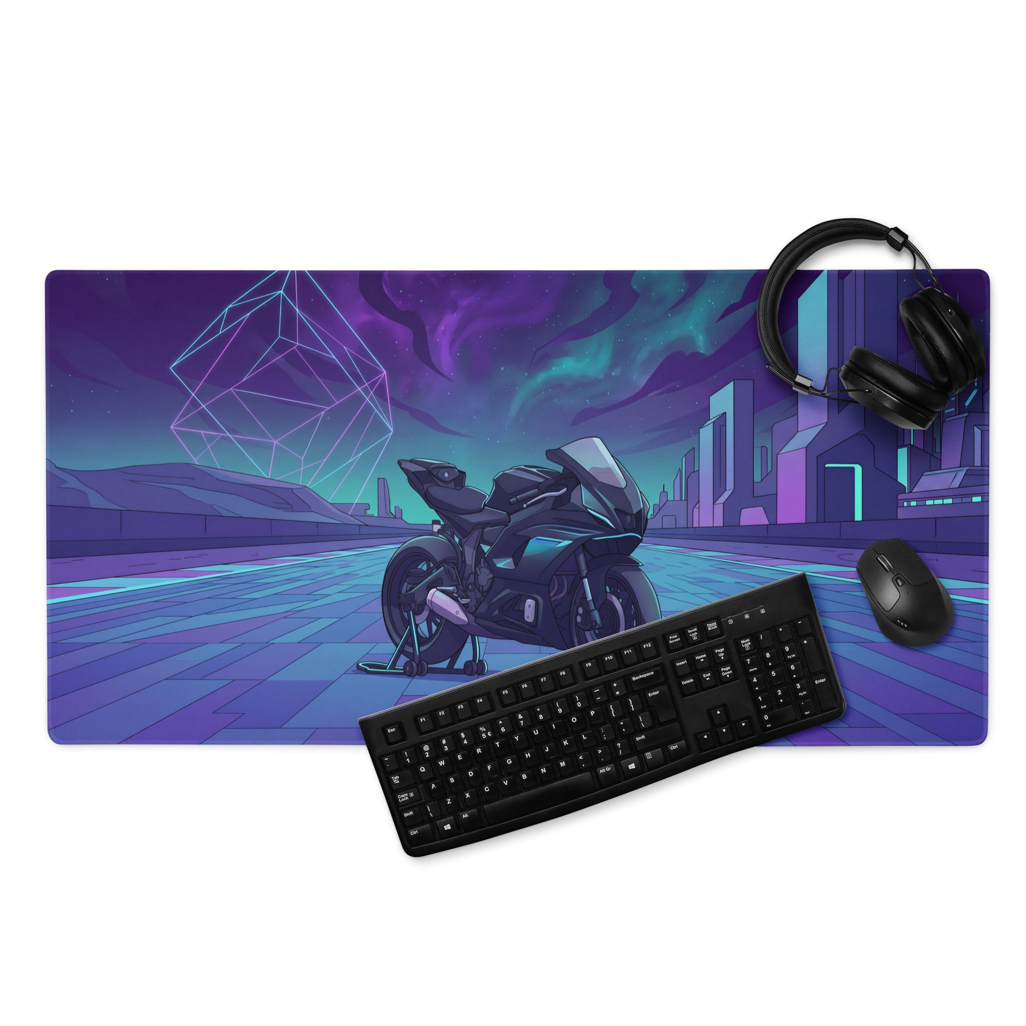 Yamaha R7 Inspired Black Blue Vaporwave Gaming Mouse Pad – Neon Cyber City Desk Mat, Futuristic Synthwave Sportbike Digital Art