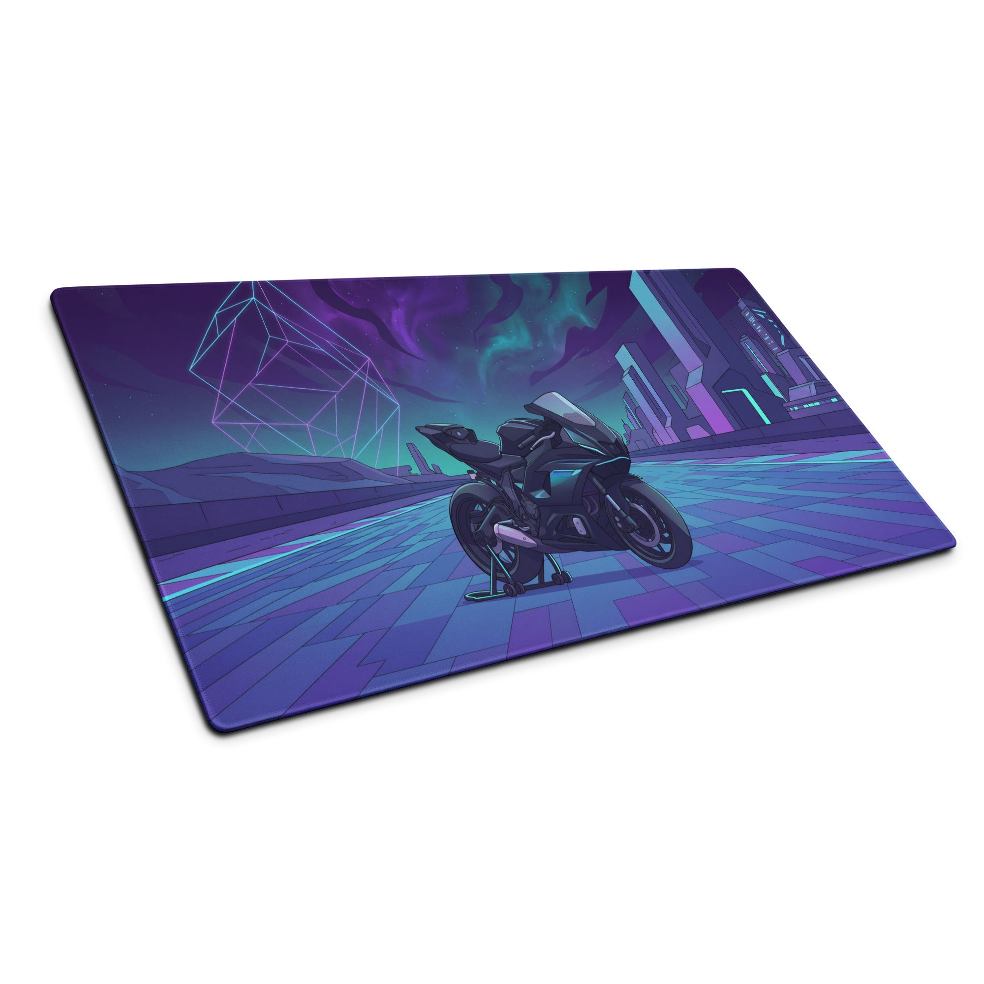 Yamaha R7 Inspired Black Blue Vaporwave Gaming Mouse Pad – Neon Cyber City Desk Mat, Futuristic Synthwave Sportbike Digital Art