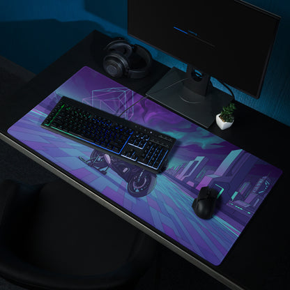 Yamaha R7 Inspired Black Blue Vaporwave Gaming Mouse Pad – Neon Cyber City Desk Mat, Futuristic Synthwave Sportbike Digital Art
