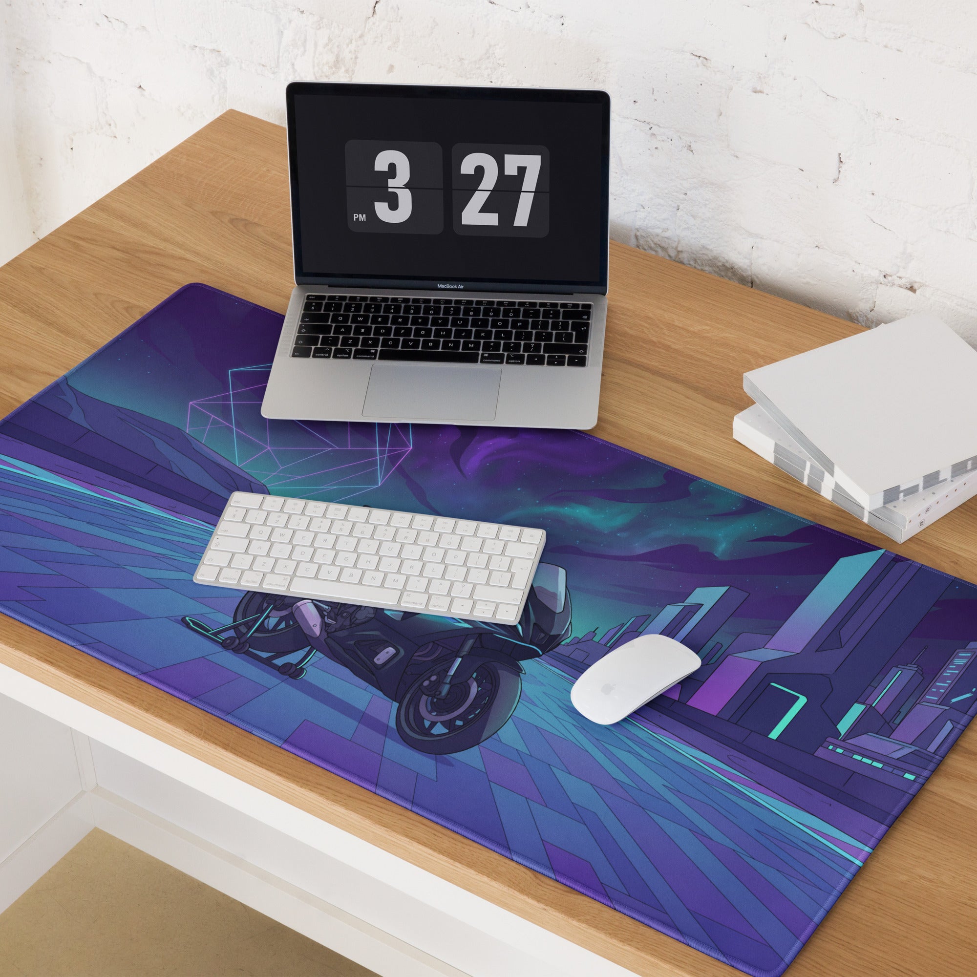 Yamaha R7 Inspired Black Blue Vaporwave Gaming Mouse Pad – Neon Cyber City Desk Mat, Futuristic Synthwave Sportbike Digital Art
