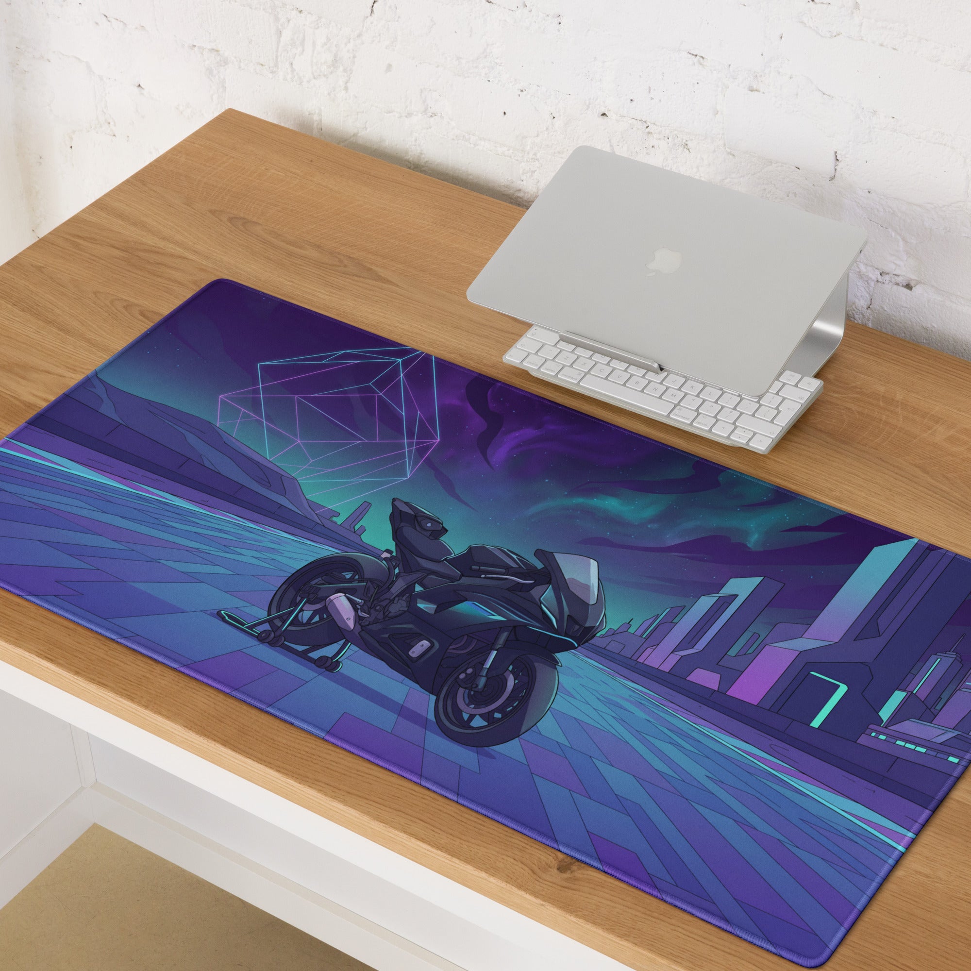 Yamaha R7 Inspired Black Blue Vaporwave Gaming Mouse Pad – Neon Cyber City Desk Mat, Futuristic Synthwave Sportbike Digital Art