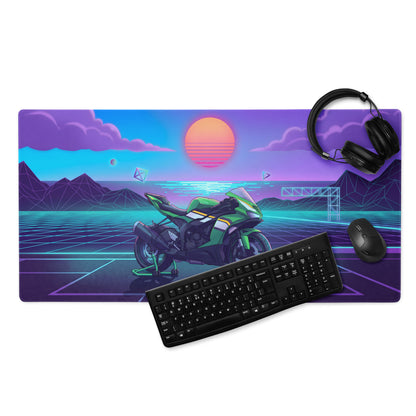 Kawasaki Ninja ZX-6R Inspired Green Purple Vaporwave Gaming Mouse Pad – Neon Sunset Grid Desk Mat, Retro Futuristic Synthwave Sportbike Art