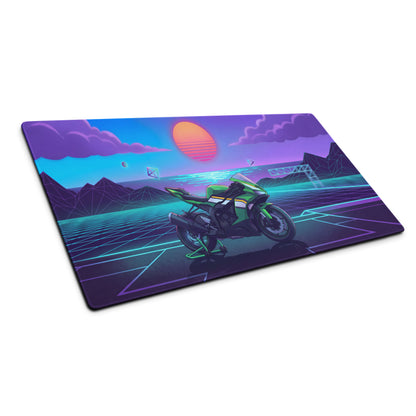 Kawasaki Ninja ZX-6R Inspired Green Purple Vaporwave Gaming Mouse Pad – Neon Sunset Grid Desk Mat, Retro Futuristic Synthwave Sportbike Art