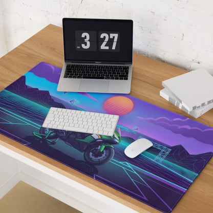 Kawasaki Ninja ZX-6R Inspired Green Purple Vaporwave Gaming Mouse Pad – Neon Sunset Grid Desk Mat, Retro Futuristic Synthwave Sportbike Art