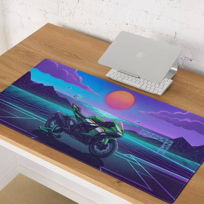 Kawasaki Ninja ZX-6R Inspired Green Purple Vaporwave Gaming Mouse Pad – Neon Sunset Grid Desk Mat, Retro Futuristic Synthwave Sportbike Art