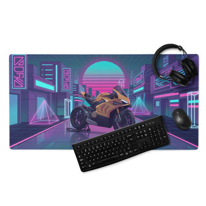 Ducati Panigale V4 Inspired Gold Black Vaporwave Gaming Mouse Pad – Neon Cyber City Desk Mat, Retro Futuristic Synthwave Superbike Digital Art